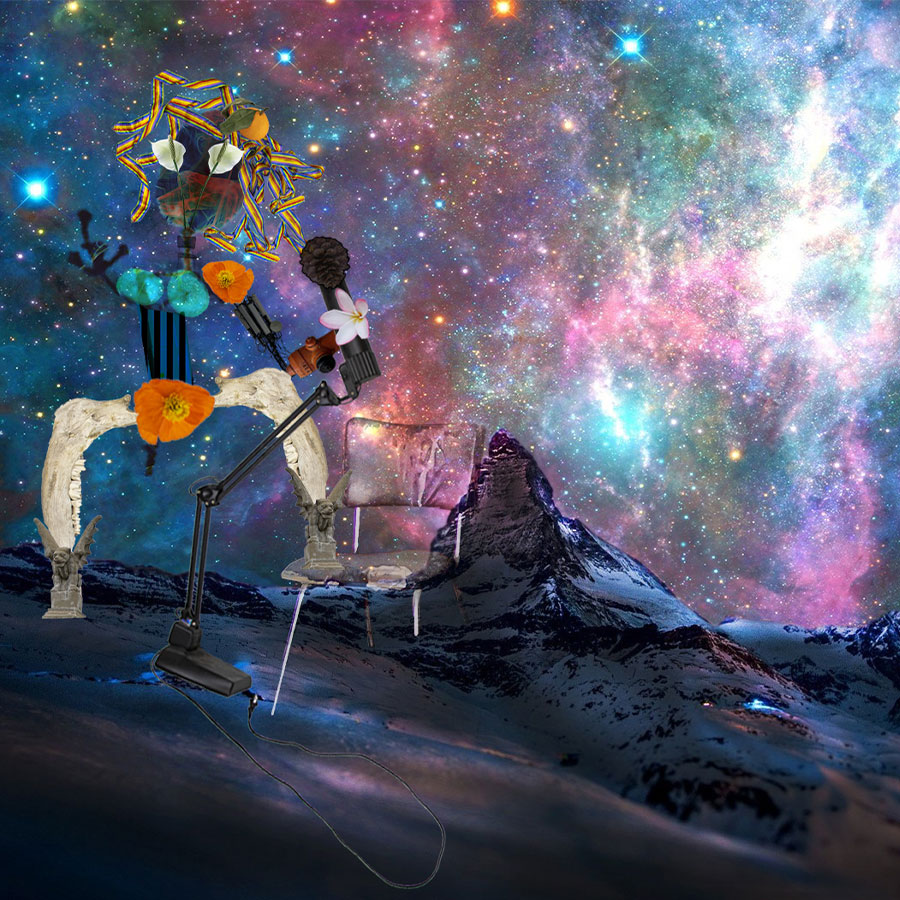 A femme humanoid shape built out of shapes from photoshopped photos. The humanoid is wearing boots that are gargoyles, and has legs made from jawbones. They are wearing flowers and stripes, are singing into a pinecone microphone, and have rainbow strips of hair. Their leg is up on a chair, and they're beside a mountain with a galaxy background.