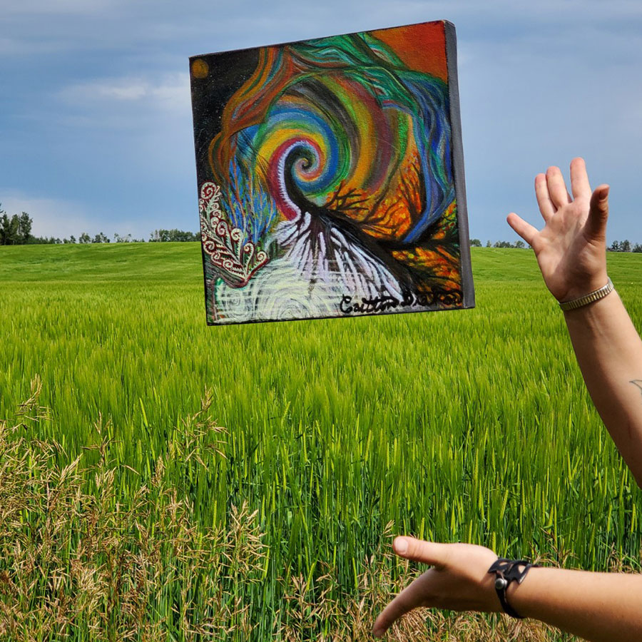 A square acrylic painting with earth elements representing the four directions and seasons. There's a sun in the top left and a moon in the top right. Colours swirl out of the middle, with a branch coming out of it like a portal. A river turns into northern lights on the right, and snow falls onto the branch and a fern on the bottom. 